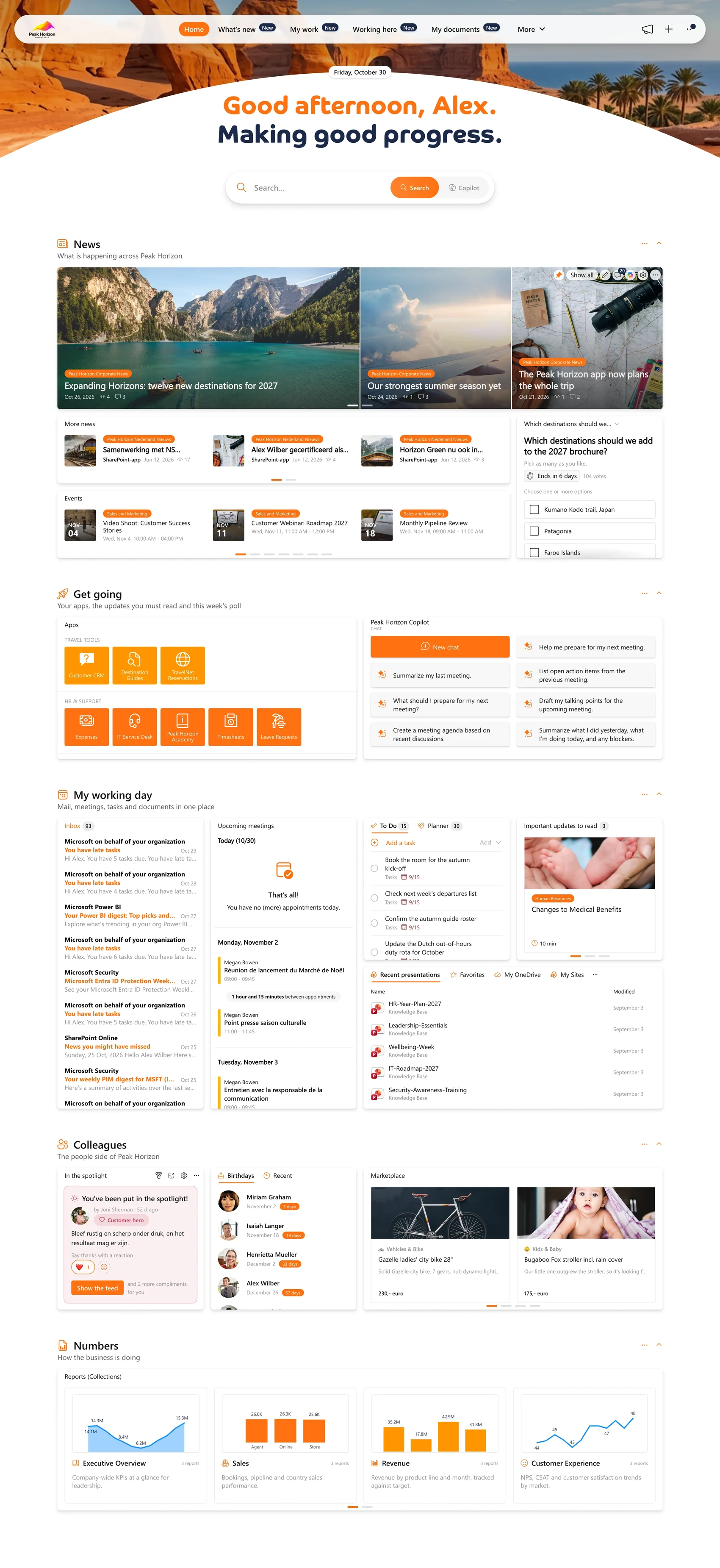 The Bloom Hub start page of Peak Horizon, scrolling from top to bottom